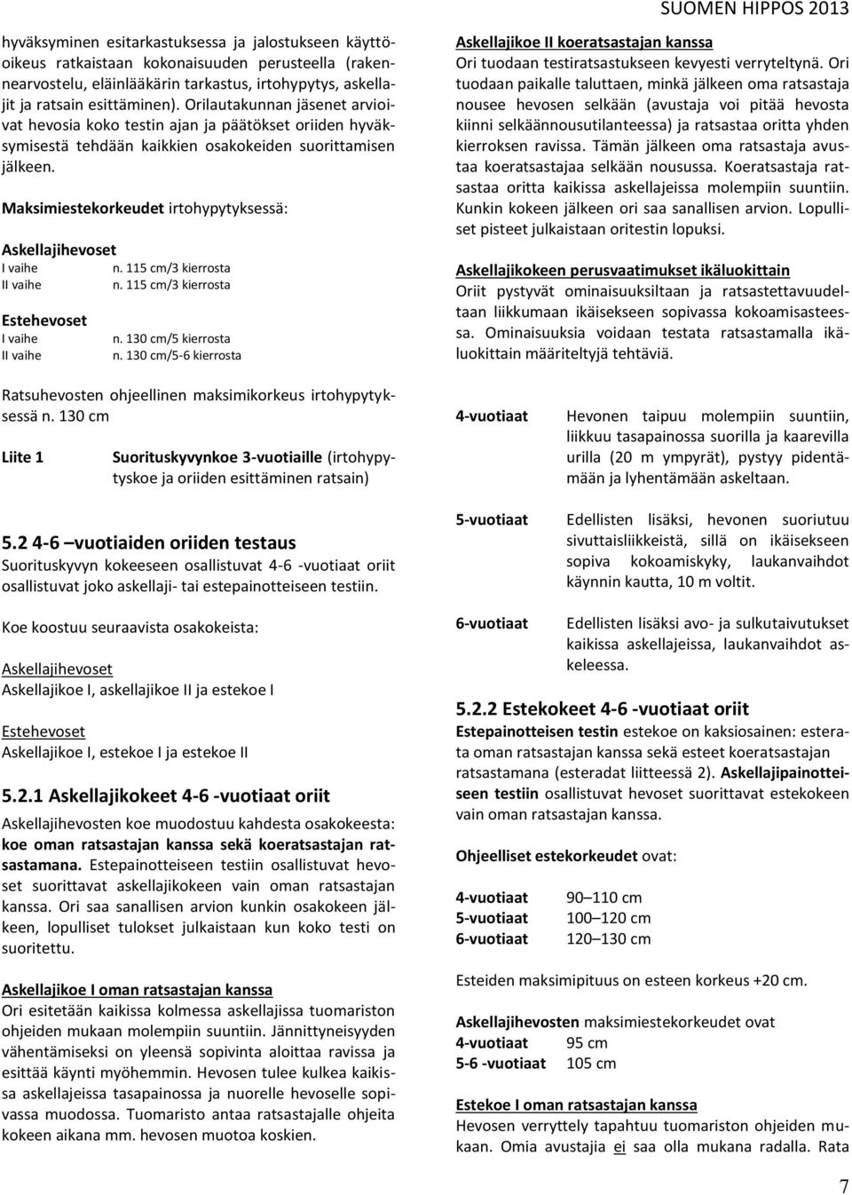 Maksimiestekorkeudet irtohypytyksessä: Askellajihevoset I vaihe n. 115 cm/3 kierrosta II vaihe n. 115 cm/3 kierrosta Estehevoset I vaihe II vaihe n. 130 cm/5 kierrosta n.