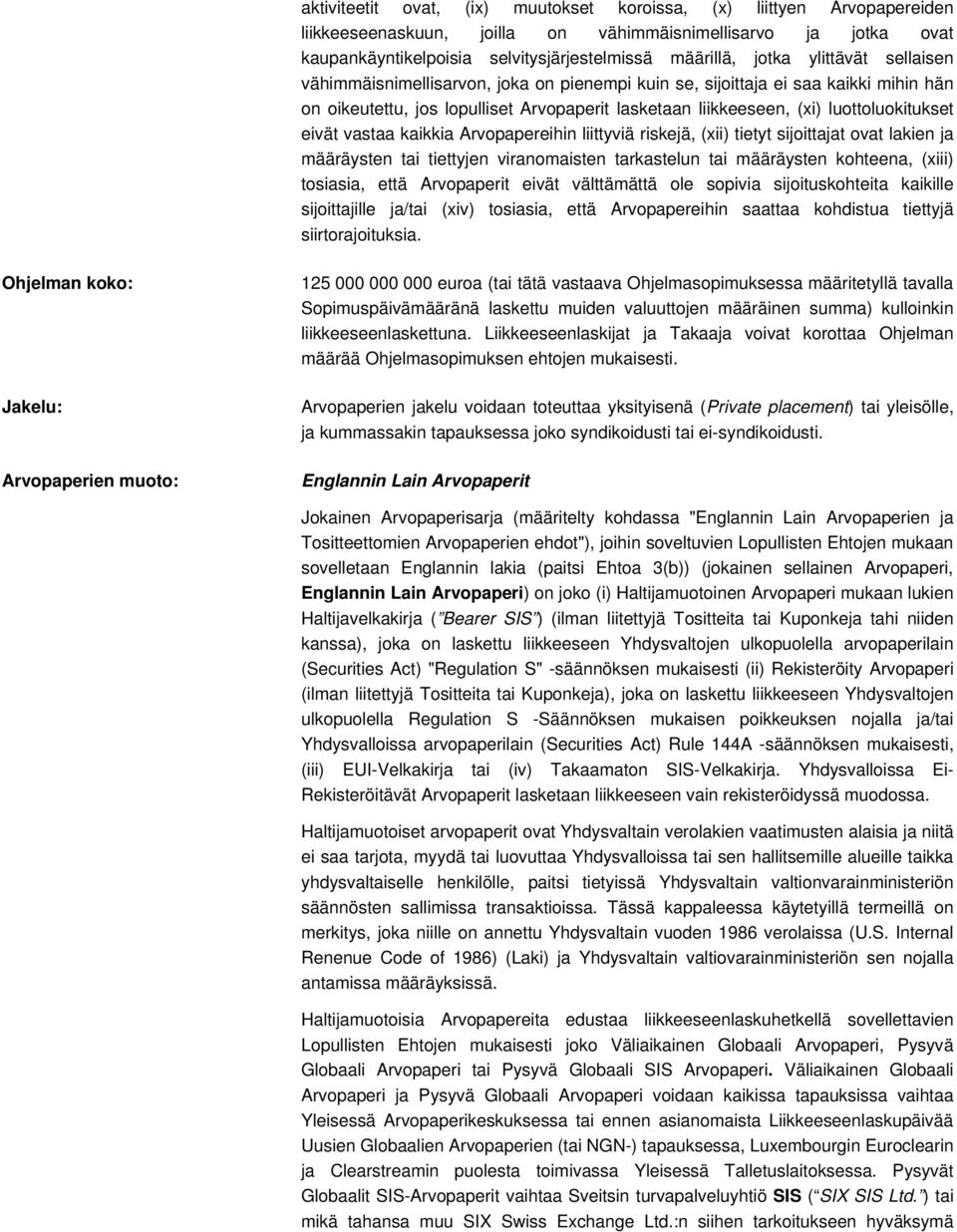 vastaa kaikkia Arvopapereihin liittyviä riskejä, (xii) tietyt sijoittajat ovat lakien ja määräysten tai tiettyjen viranomaisten tarkastelun tai määräysten kohteena, (xiii) tosiasia, että Arvopaperit