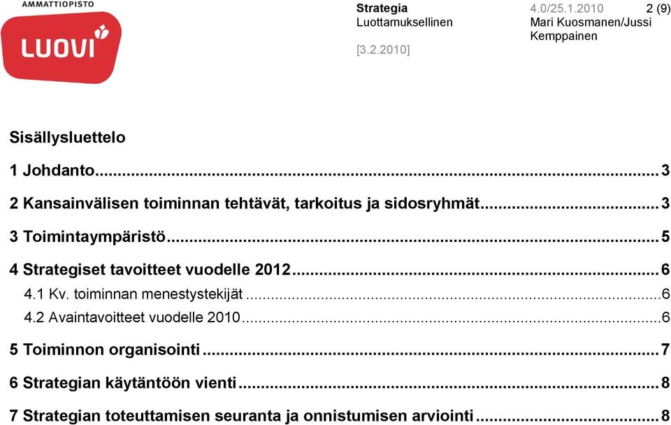 .. 5 4 Strategiset tavoitteet vuodelle 2012... 6 4.1 Kv. toiminnan menestystekijät... 6 4.2 Avaintavoitteet vuodelle 2010.