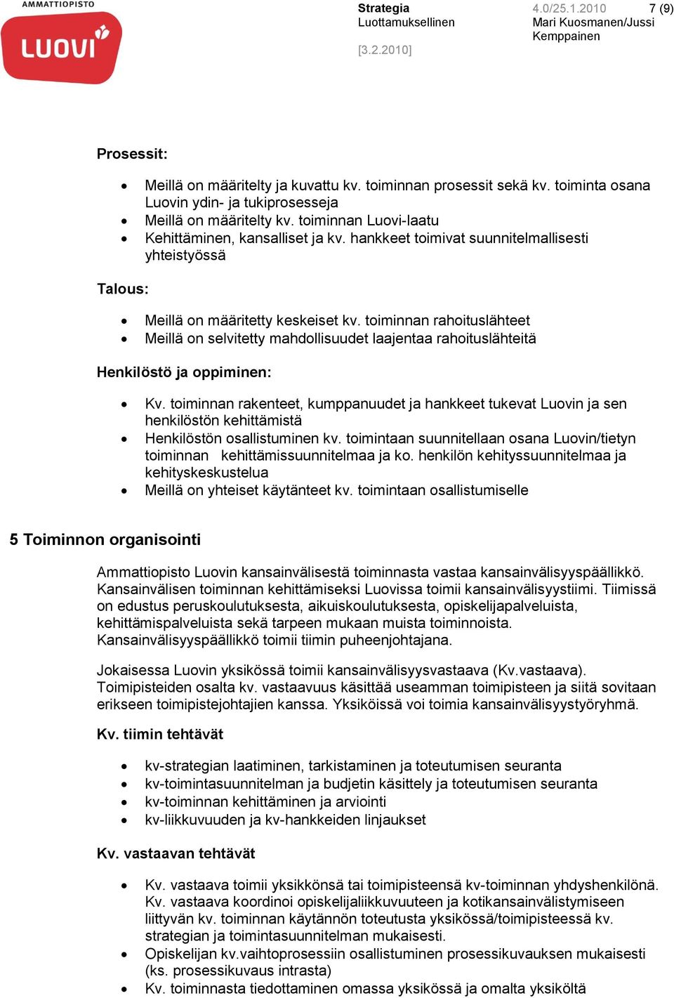 toiminnan rahoituslähteet Meillä on selvitetty mahdollisuudet laajentaa rahoituslähteitä Henkilöstö ja oppiminen: Kv.