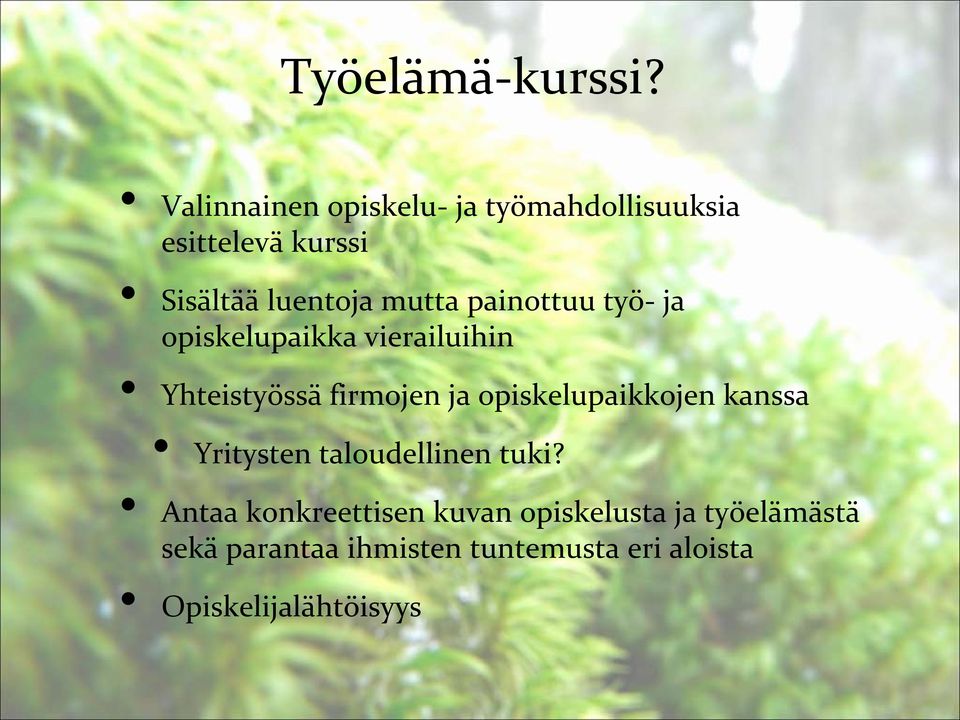 painottuu työ- ja opiskelupaikka vierailuihin Yhteistyössä firmojen ja
