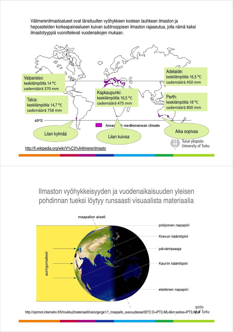 Valparaiso: keskilämpötila 14 ⁰C sademäärä 370 mm Talca: keskilämpötila 14,7 ⁰C sademäärä 758 mm Kapkaupunki: keskilämpötila 16,5 ⁰C sademäärä 475 mm Adelaide: keskilämpötila 16,5 ⁰C sademäärä 450