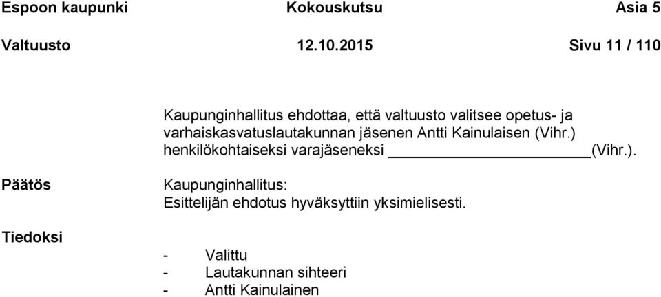 varhaiskasvatuslautakunnan jäsenen Antti Kainulaisen (Vihr.