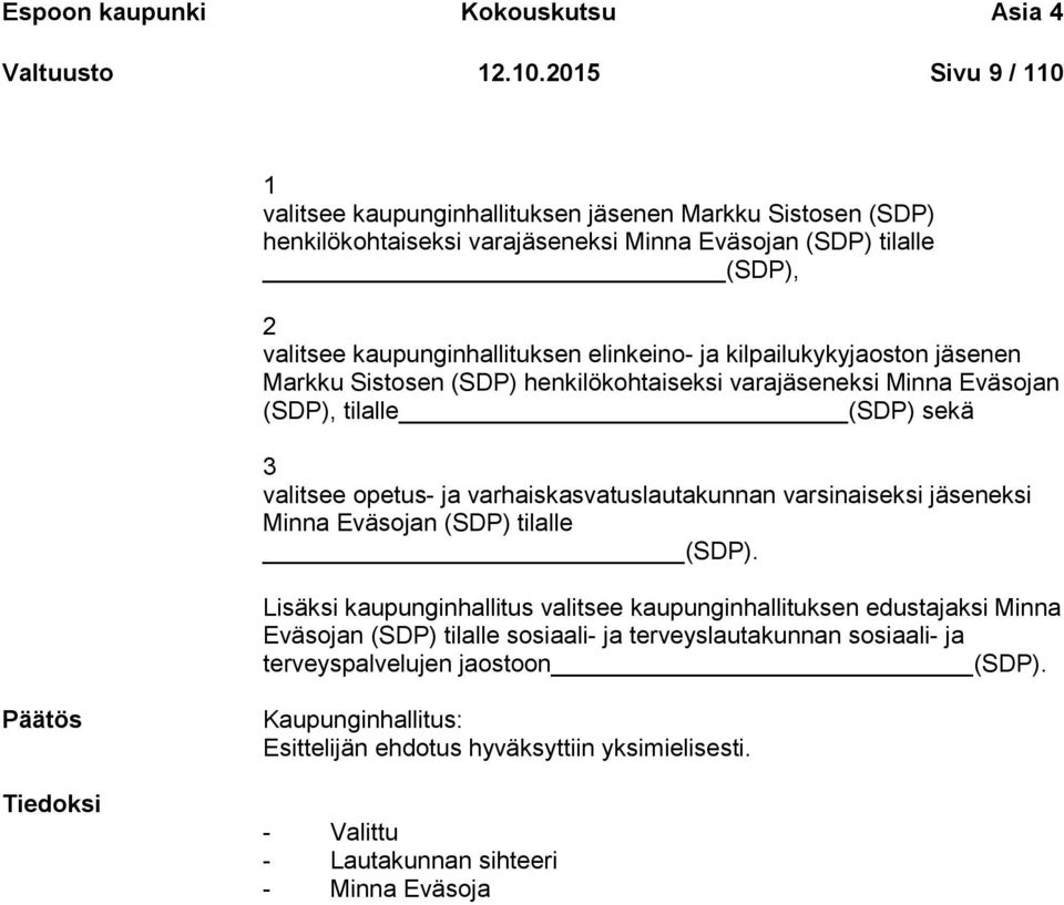 kilpailukykyjaoston jäsenen Markku Sistosen (SDP) henkilökohtaiseksi varajäseneksi Minna Eväsojan (SDP), tilalle (SDP) sekä 3 valitsee opetus- ja varhaiskasvatuslautakunnan varsinaiseksi jäseneksi