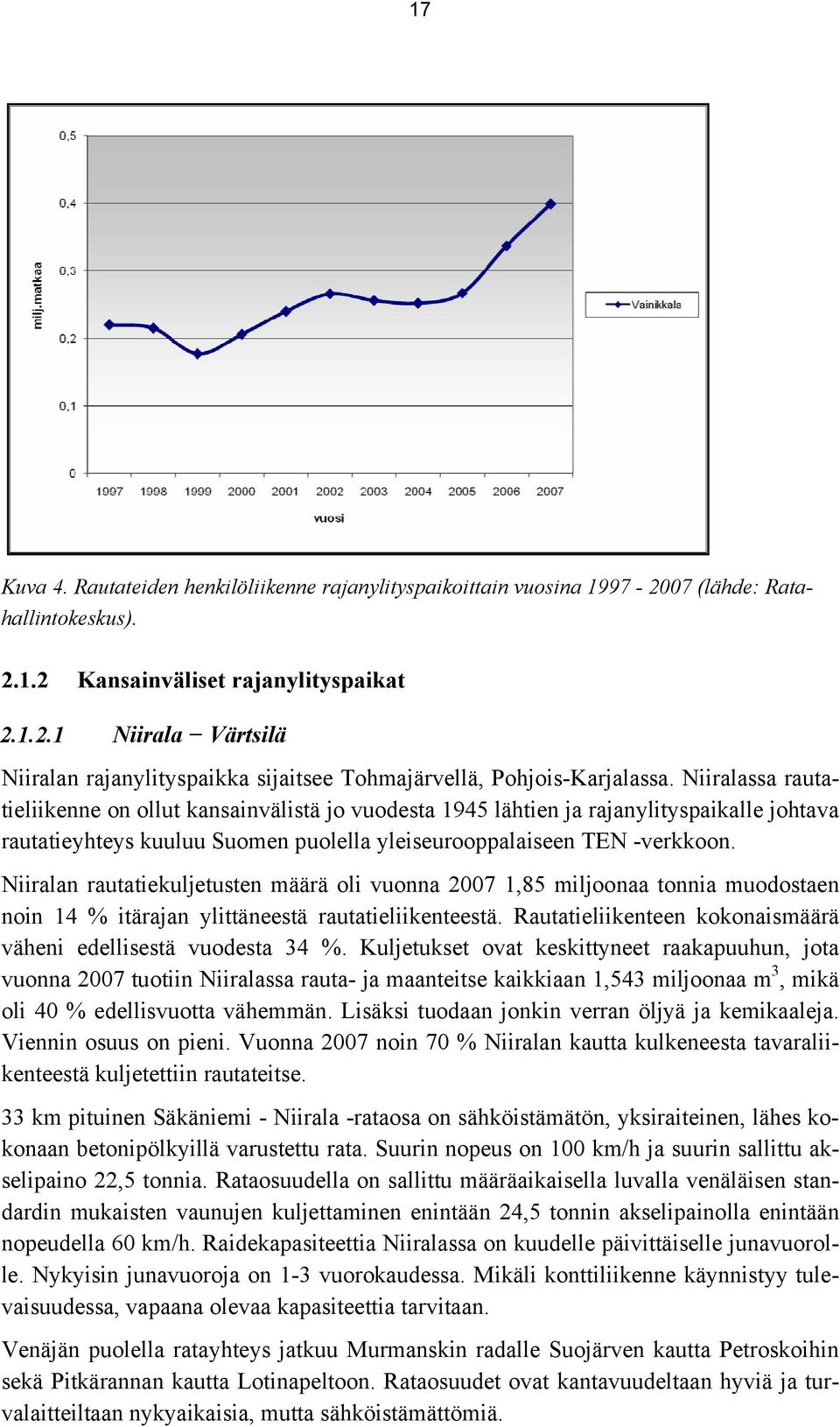 Niiralan rautatiekuljetusten määrä oli vuonna 2007 1,85 miljoonaa tonnia muodostaen noin 14 % itärajan ylittäneestä rautatieliikenteestä.