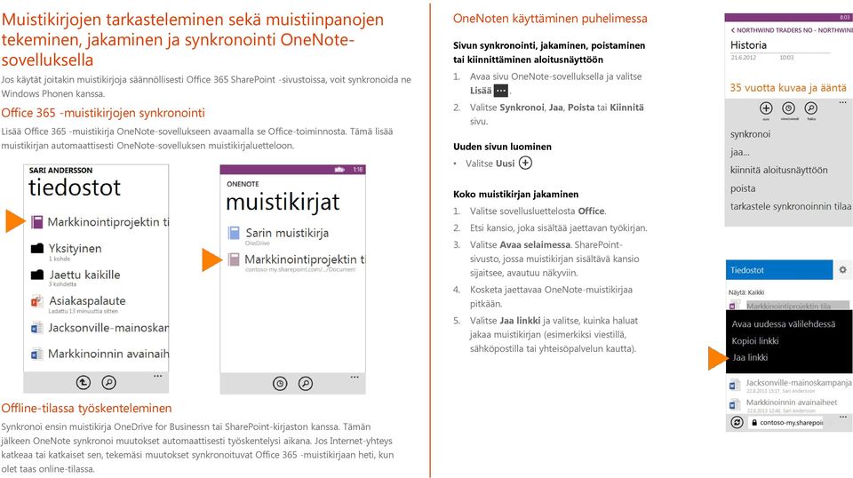 Tämä lisää muistikirjan automaattisesti OneNote-sovelluksen muistikirjaluetteloon. OneNoten käyttäminen puhelimessa Sivun synkronointi, jakaminen, poistaminen tai kiinnittäminen aloitusnäyttöön 1.