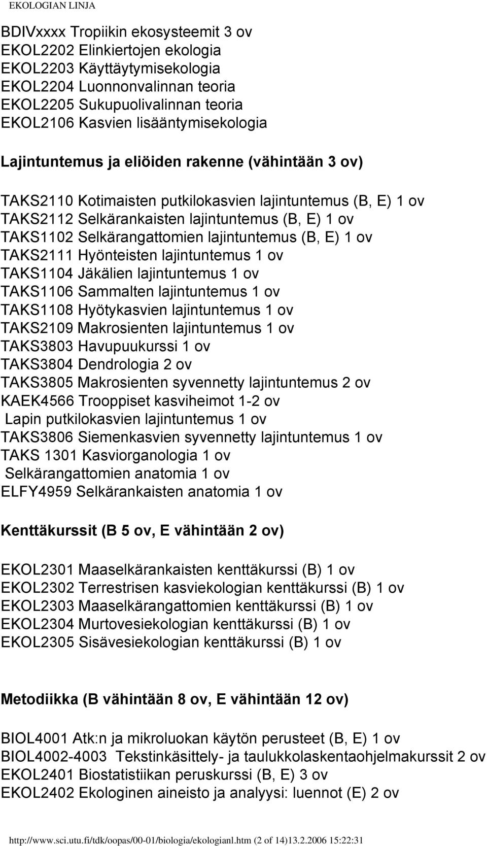 Selkärangattomien lajintuntemus (B, E) 1 ov TAKS2111 Hyönteisten lajintuntemus 1 ov TAKS1104 Jäkälien lajintuntemus 1 ov TAKS1106 Sammalten lajintuntemus 1 ov TAKS1108 Hyötykasvien lajintuntemus 1 ov