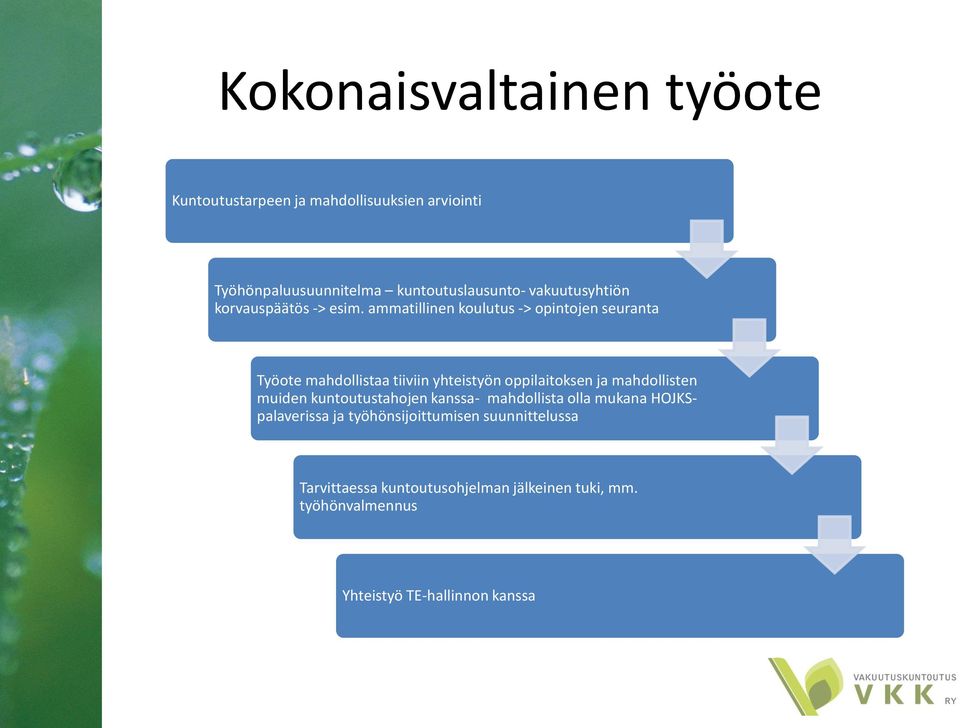 ammatillinen koulutus -> opintojen seuranta Työote mahdollistaa tiiviin yhteistyön oppilaitoksen ja mahdollisten