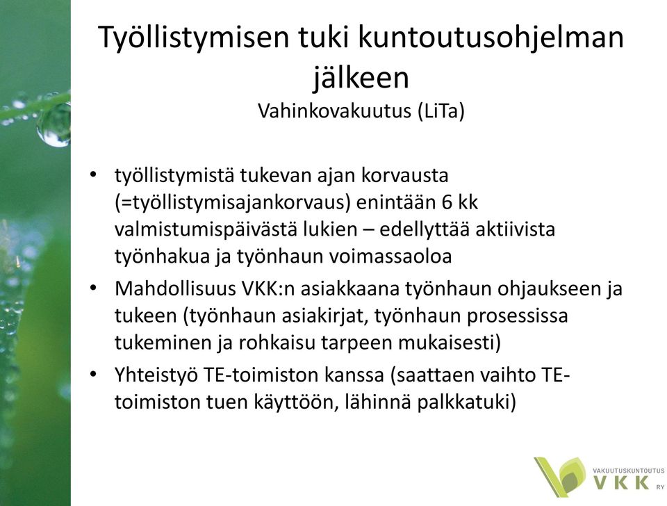 voimassaoloa Mahdollisuus VKK:n asiakkaana työnhaun ohjaukseen ja tukeen (työnhaun asiakirjat, työnhaun prosessissa