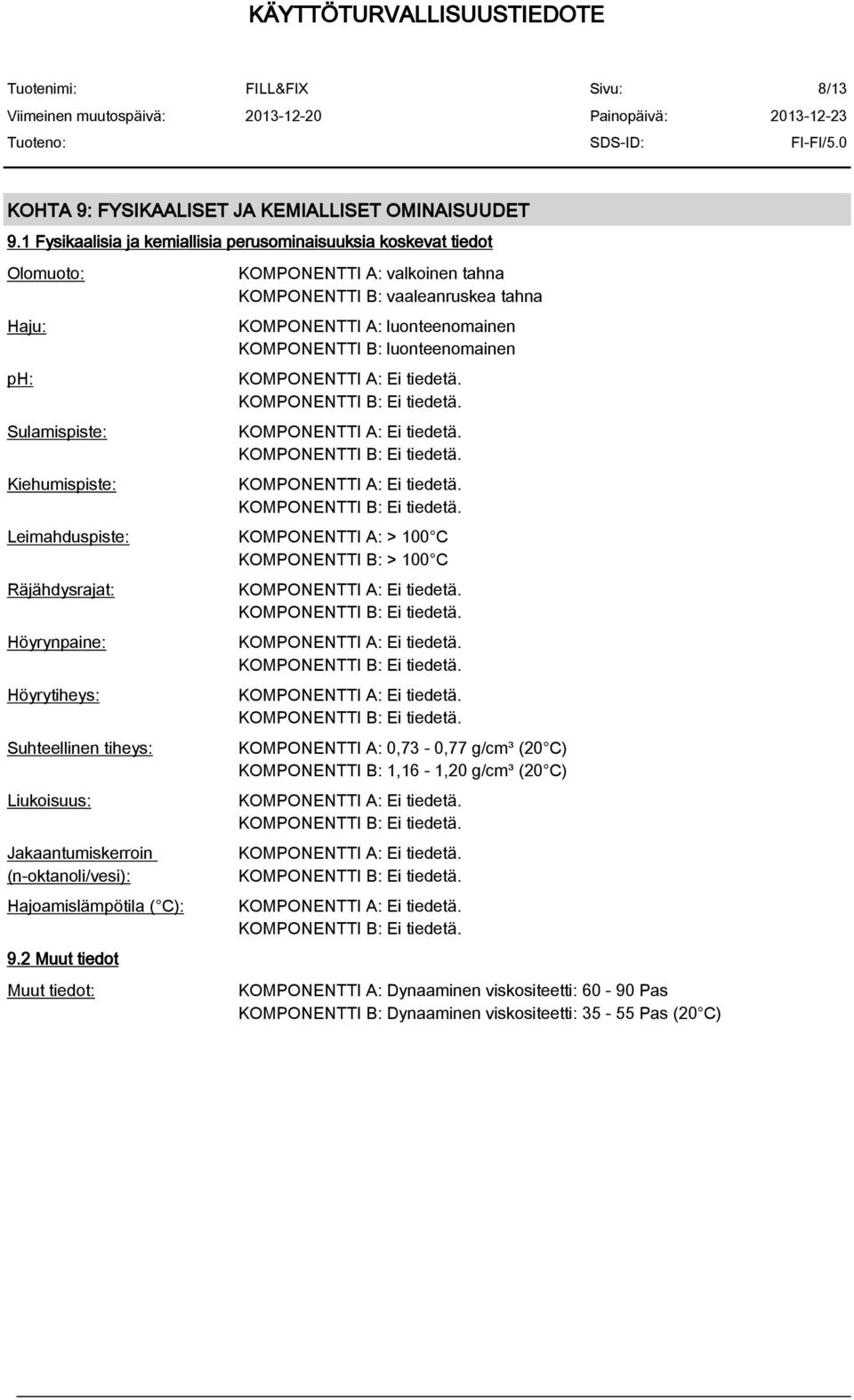 tahna KOMPONENTTI A: luonteenomainen KOMPONENTTI B: luonteenomainen Leimahduspiste: KOMPONENTTI A: > 100 C KOMPONENTTI B: > 100 C Räjähdysrajat: Höyrynpaine: Höyrytiheys: