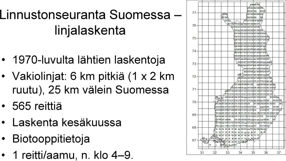 ruutu), 25 km välein Suomessa 565 reittiä Laskenta