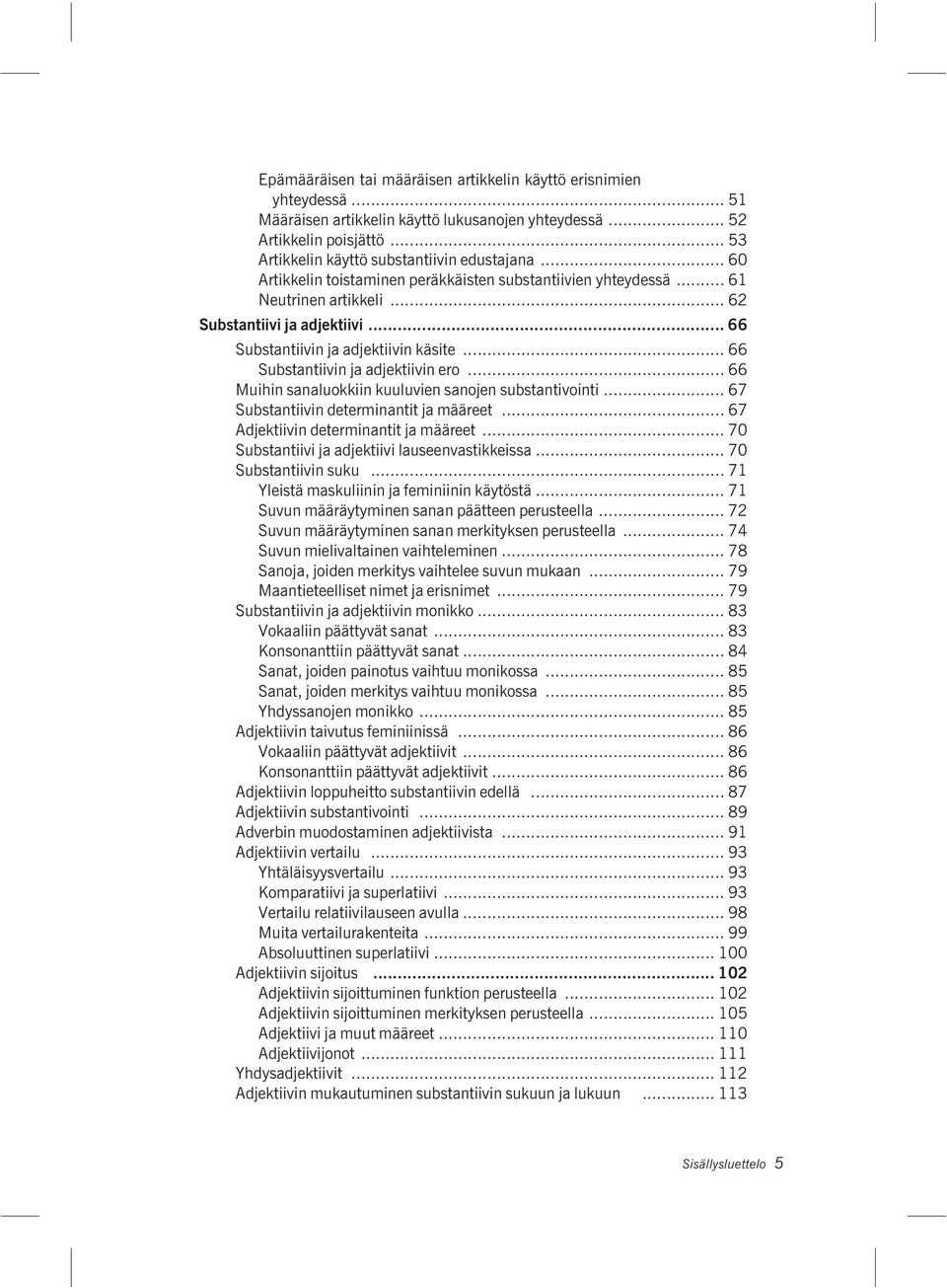 .. 66 Substantiivin ja adjektiivin ero... 66 Muihin sanaluokkiin kuuluvien sanojen substantivointi... 67 Substantiivin determinantit ja määreet... 67 Adjektiivin determinantit ja määreet.