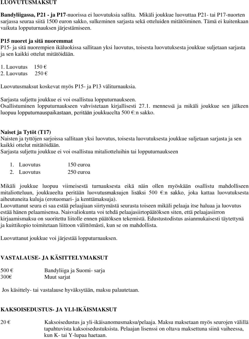 P15 nuoret ja sitä nuoremmat P15- ja sitä nuorempien ikäluokissa sallitaan yksi luovutus, toisesta luovutuksesta joukkue suljetaan sarjasta ja sen kaikki ottelut mitätöidään. 1. Luovutus 150 2.