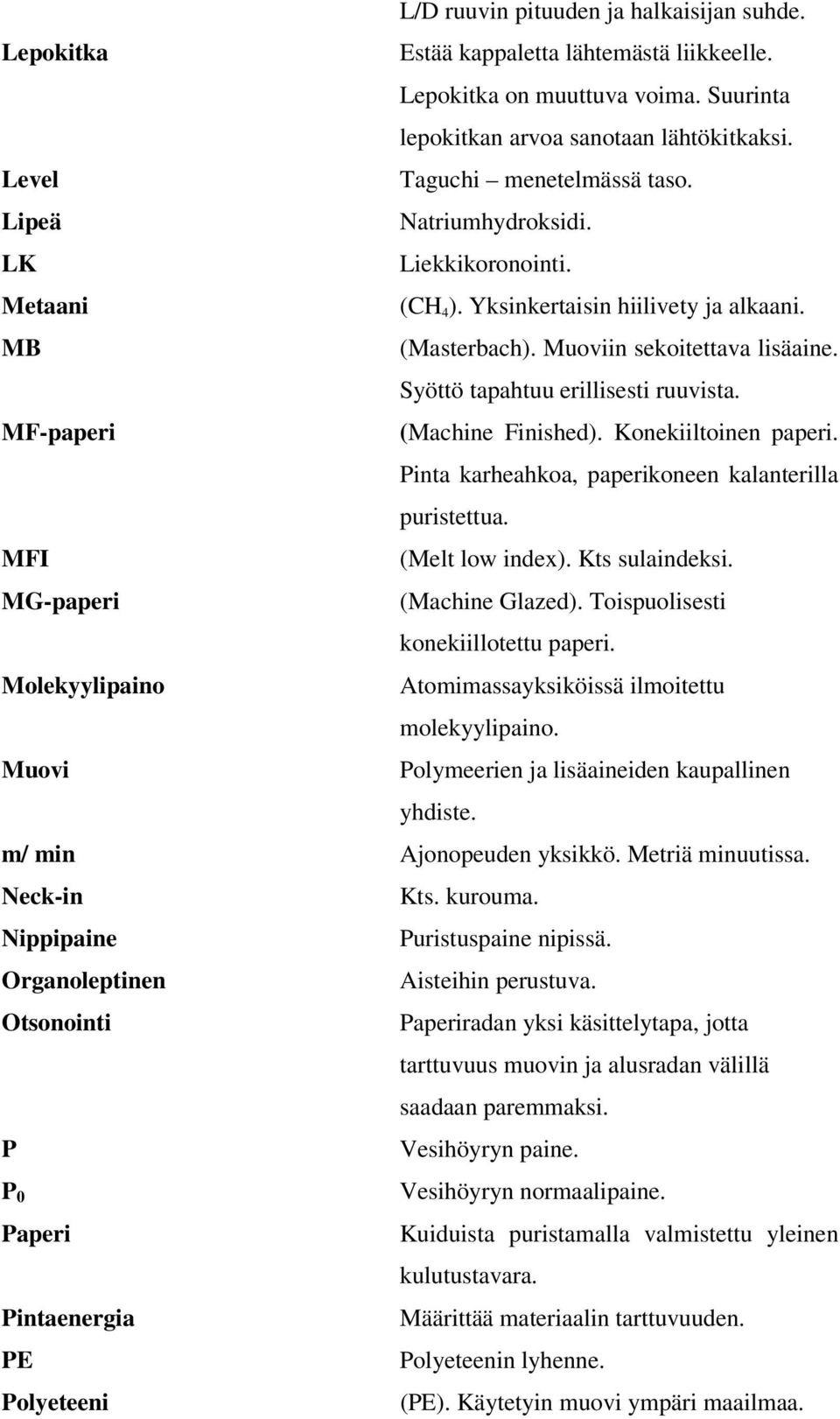 Syöttö tapahtuu erillisesti ruuvista. MF-paperi (Machine Finished). Konekiiltoinen paperi. Pinta karheahkoa, paperikoneen kalanterilla puristettua. MFI (Melt low index). Kts sulaindeksi.