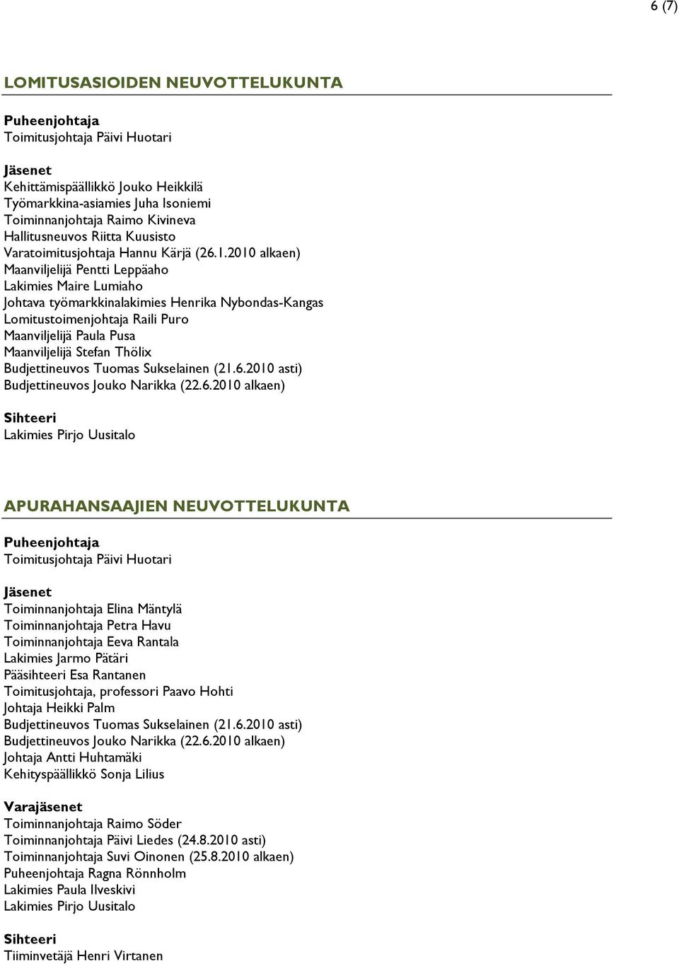 2010 alkaen) Maanviljelijä Pentti Leppäaho Lakimies Maire Lumiaho Johtava työmarkkinalakimies Henrika Nybondas-Kangas Lomitustoimenjohtaja Raili Puro Maanviljelijä Paula Pusa Maanviljelijä Stefan