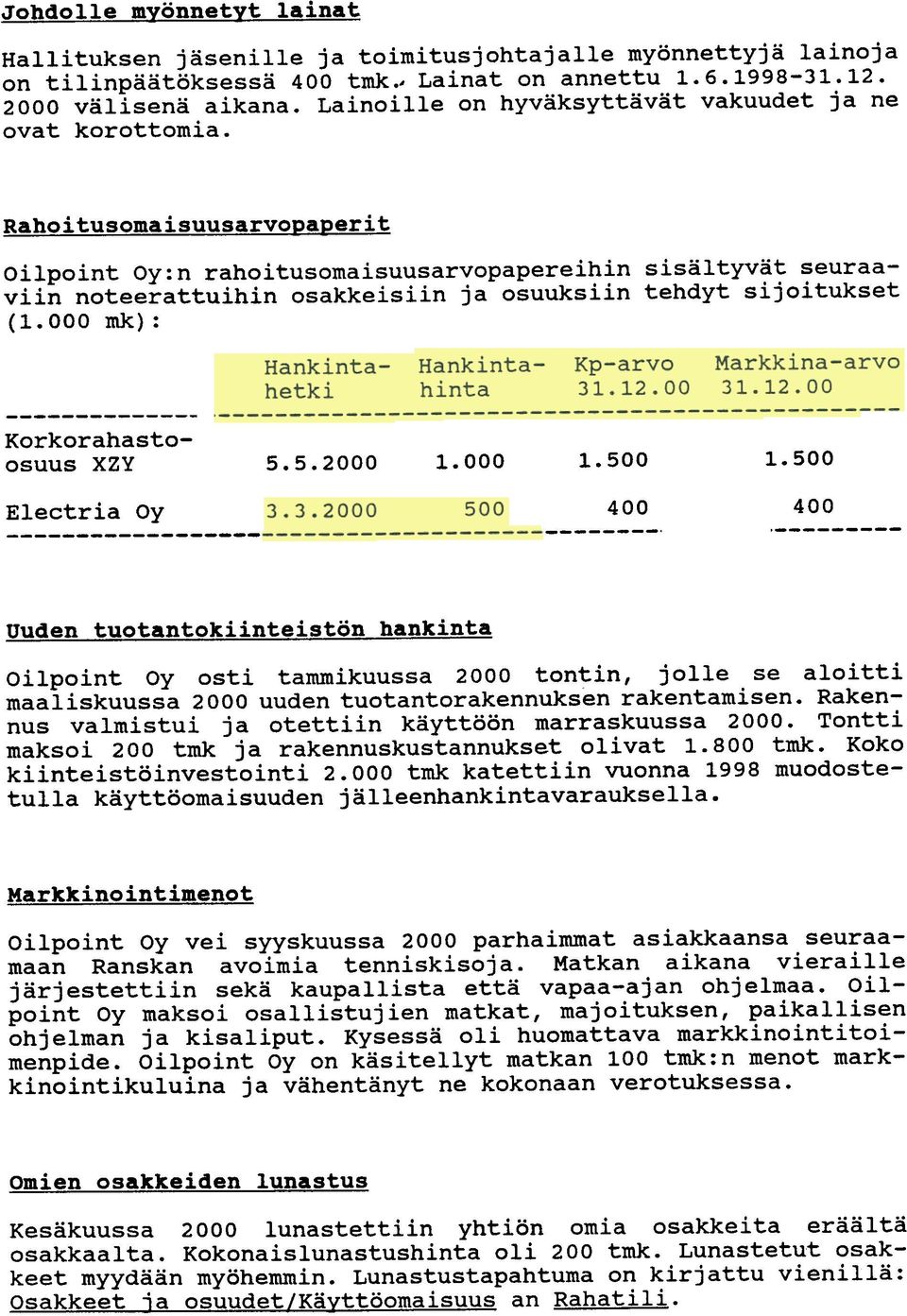 RahoitusomaisuusarvoDaDerit Oilpoint Oy:n rahoitusomaisuusarvopapereihin sisaltyvat seuraaviin noteerattuihin osakkeisiin ja osuuksiin tehdyt sijoitukset {1.000 mk) : Korkorahastoosuus xzy 5.5.2000 1.