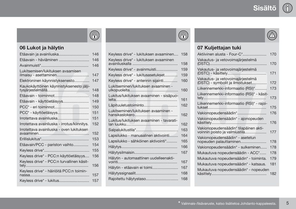 .. 150 PCC* - käyttöetäisyys... 151 Irrotettava avainliuska... 151 Irrotettava avainliuska - irrotus/kiinnitys. 152 Irrotettava avainliuska - oven lukituksen avaaminen... 152 Erillislukitus*.