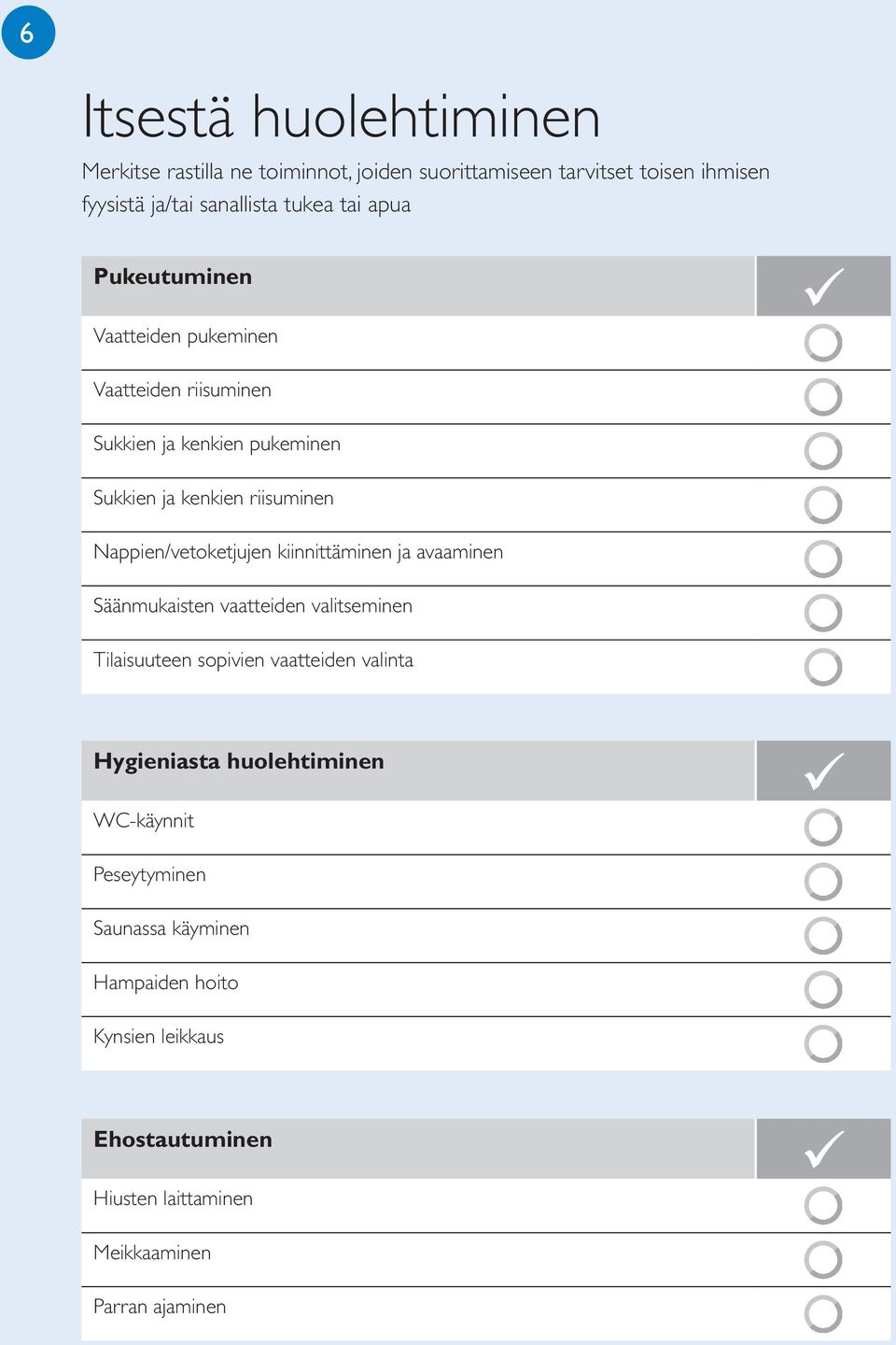 Nappien/vetoketjujen kiinnittäminen ja avaaminen Säänmukaisten vaatteiden valitseminen Tilaisuuteen sopivien vaatteiden valinta