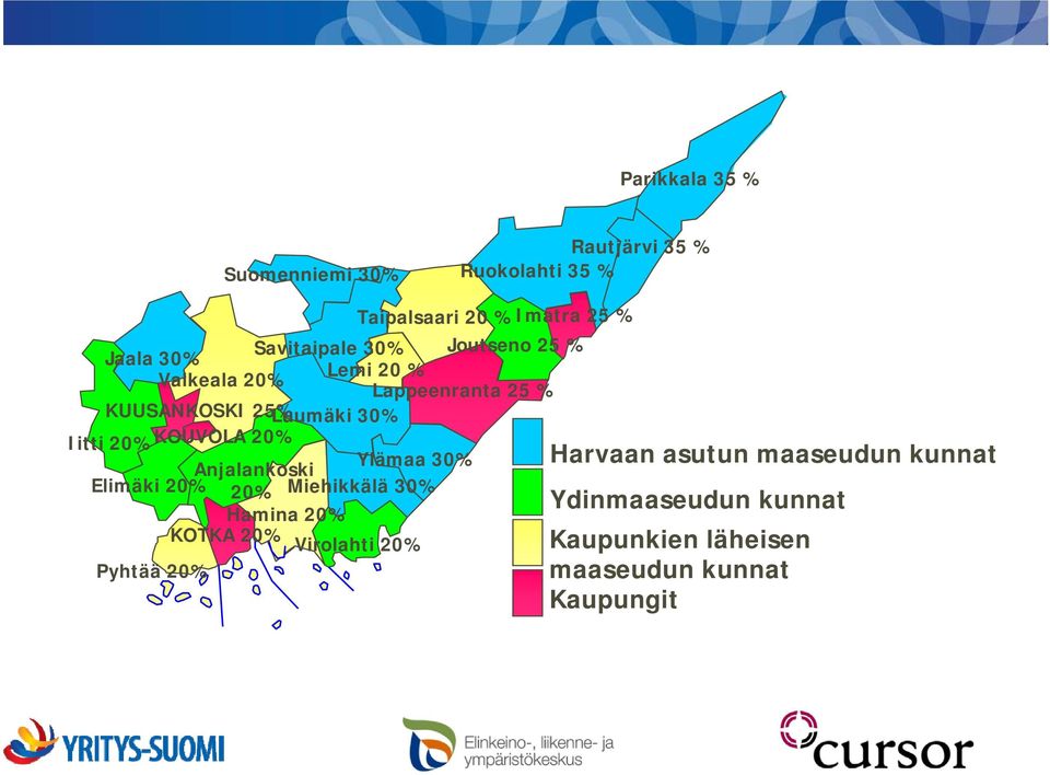 KOUVOLA 20% Ylämaa 30% Anjalankoski Elimäki 20% 20% Miehikkälä 30% Hamina 20% KOTKA 20% Virolahti 20%