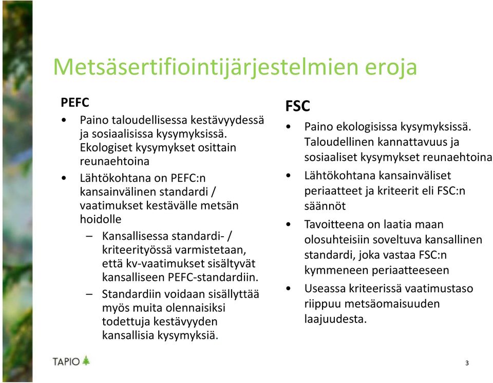 kv-vaatimuksetsisältyvät kansalliseen PEFC-standardiin. Standardiin voidaan sisällyttää myös muita olennaisiksi todettuja kestävyyden kansallisia kysymyksiä. FSC Paino ekologisissa kysymyksissä.