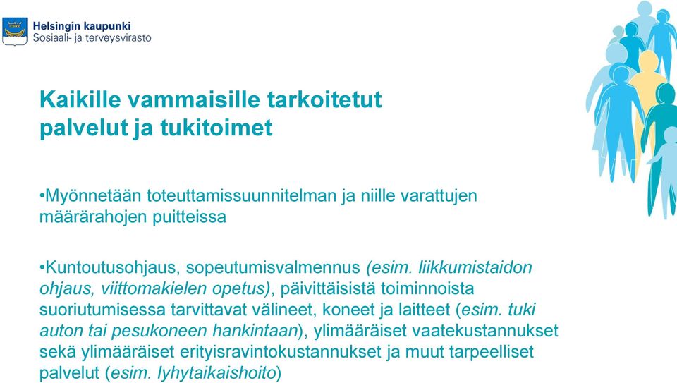 liikkumistaidon ohjaus, viittomakielen opetus), päivittäisistä toiminnoista suoriutumisessa tarvittavat välineet, koneet