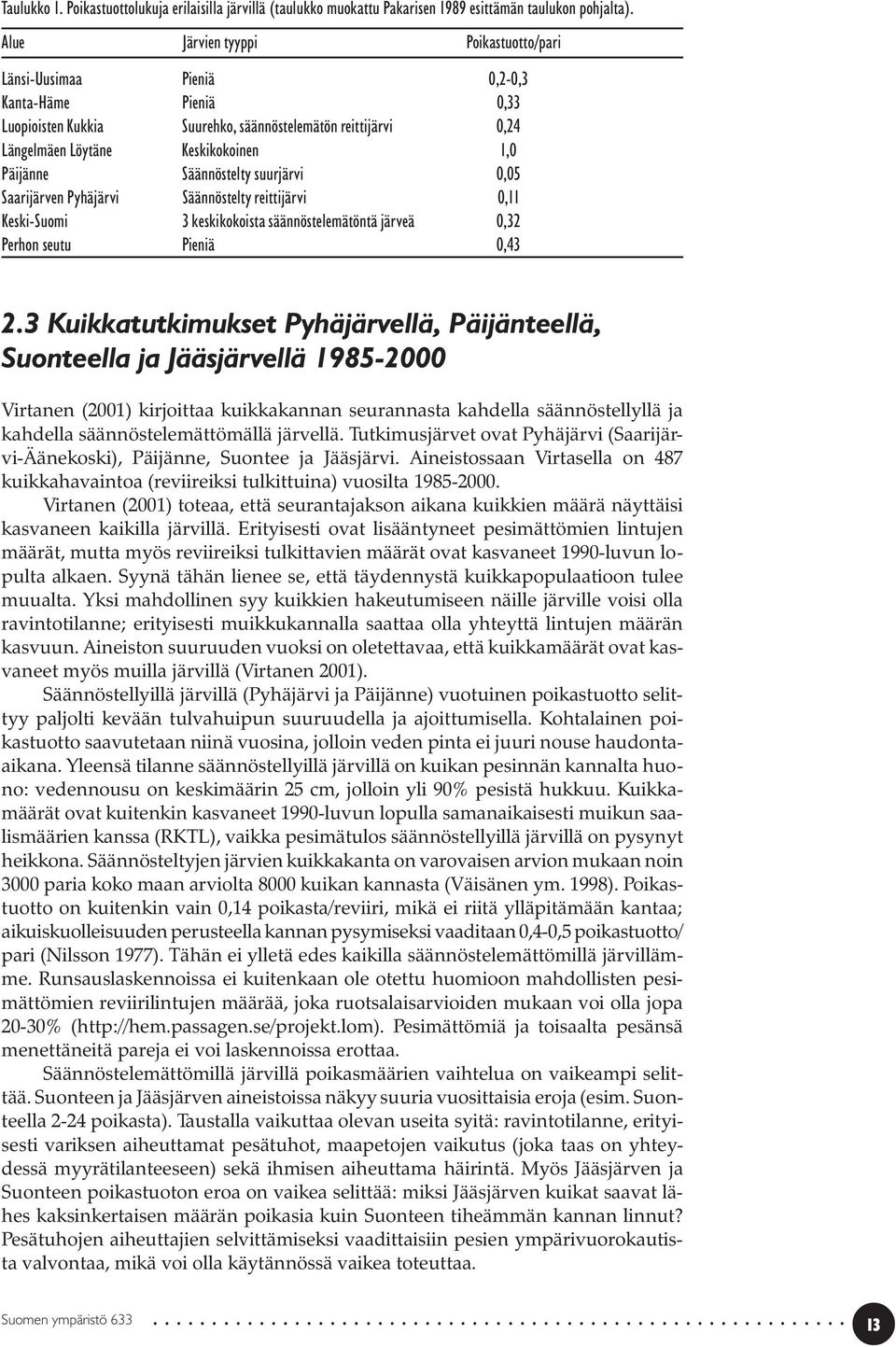 Säännöstelty suurjärvi 0,05 Saarijärven Pyhäjärvi Säännöstelty reittijärvi 0,11 Keski-Suomi 3 keskikokoista säännöstelemätöntä järveä 0,32 Perhon seutu Pieniä 0,43 2.