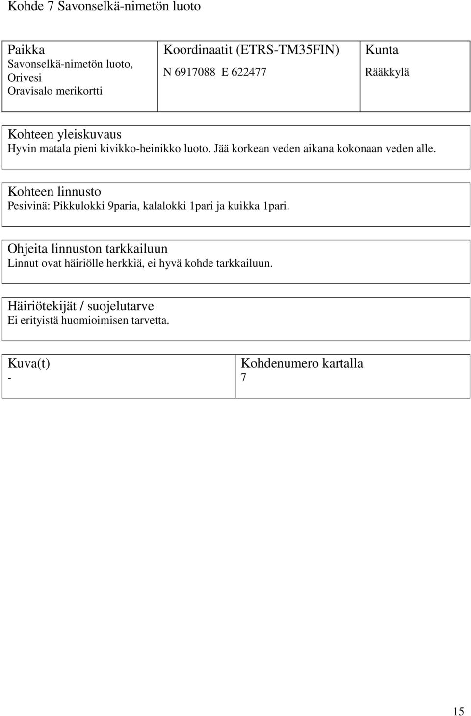 Kohteen linnusto Pesivinä: Pikkulokki 9paria, kalalokki 1pari ja kuikka 1pari.