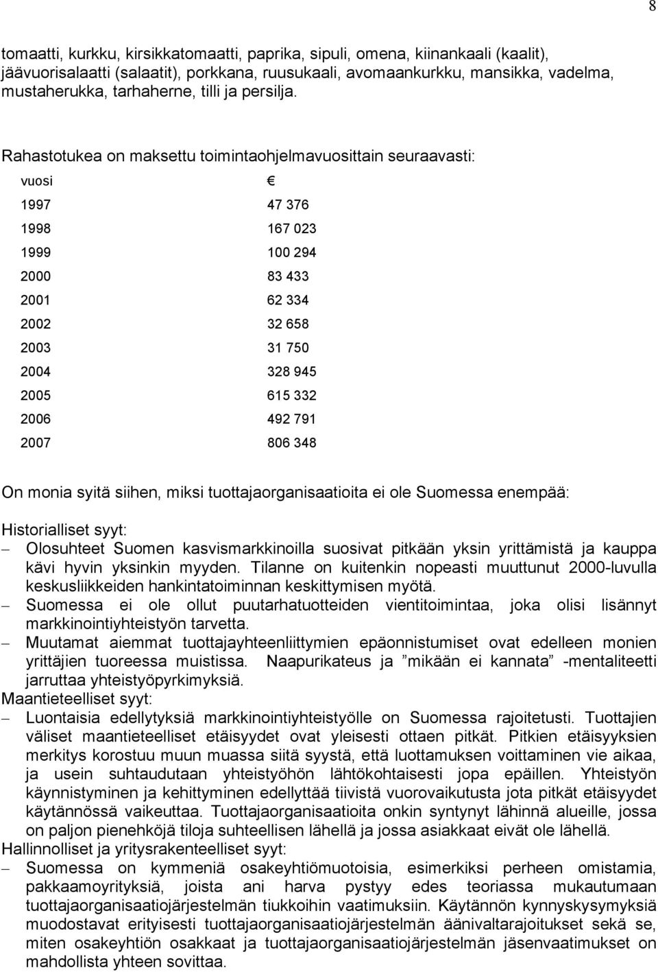 Rahastotukea on maksettu toimintaohjelmavuosittain seuraavasti: vuosi 1997 47 376 1998 167 023 1999 100 294 2000 83 433 2001 62 334 2002 32 658 2003 31 750 2004 328 945 2005 615 332 2006 492 791 2007