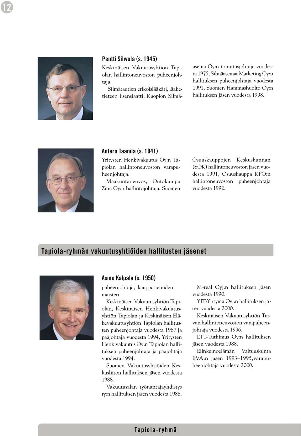 Oy:n hallituksen jäsen vuodesta 1998. Antero Taanila (s. 1941) Yritysten Henkivakuutus Oy:n Tapiolan hallintoneuvoston varapuheenjohtaja. Maakuntaneuvos, Outokumpu Zinc Oy:n hallintojohtaja.