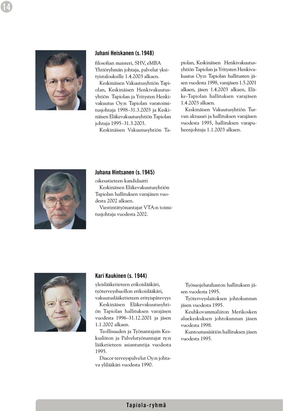 .3.2003 ja Keskinäisen Eläkevakuutusyhtiön Tapiolan johtaja 1995 31.3.2003. Keskinäisen Vakuutusyhtiön Ta- piolan, Keskinäisen Henkivakuutusyhtiön Tapiolan ja Yritysten Henkivakuutus Oy:n Tapiolan hallitusten jäsen vuodesta 1998, varajäsen 1.