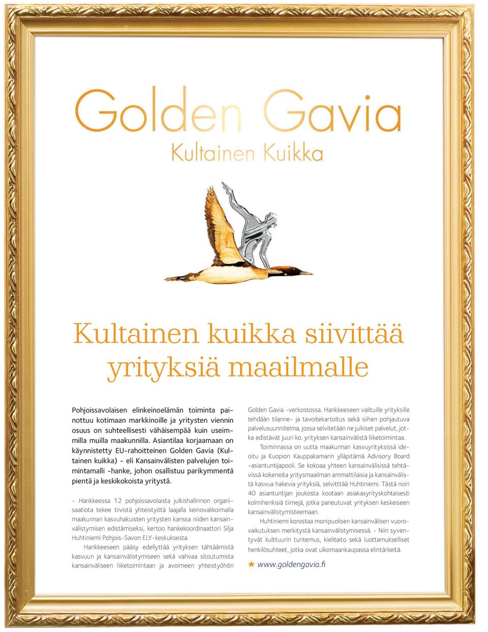 Asiantilaa korjaamaan on käynnistetty EU-rahoitteinen Golden Gavia (Kultainen kuikka) - eli Kansainvälisten palvelujen toimintamalli -hanke, johon osallistuu parikymmentä pientä ja keskikokoista