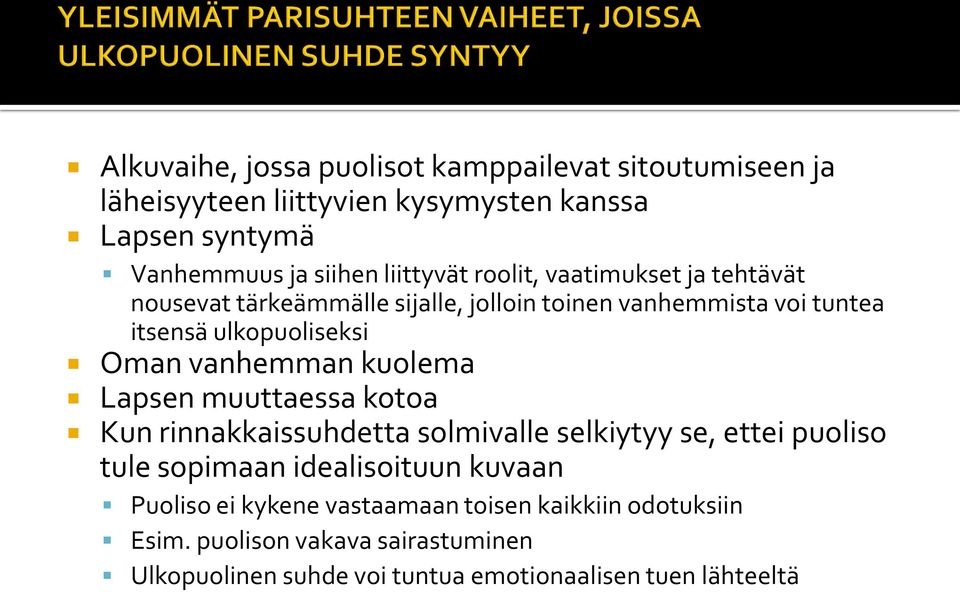 vanhemman kuolema Lapsen muuttaessa kotoa Kun rinnakkaissuhdetta solmivalle selkiytyy se, ettei puoliso tule sopimaan idealisoituun kuvaan