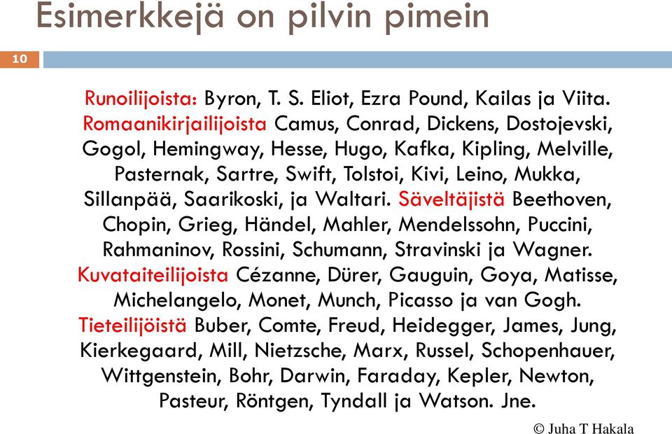 Saarikoski, ja Waltari. Säveltäjistä Beethoven, Chopin, Grieg, Händel, Mahler, Mendelssohn, Puccini, Rahmaninov, Rossini, Schumann, Stravinski ja Wagner.