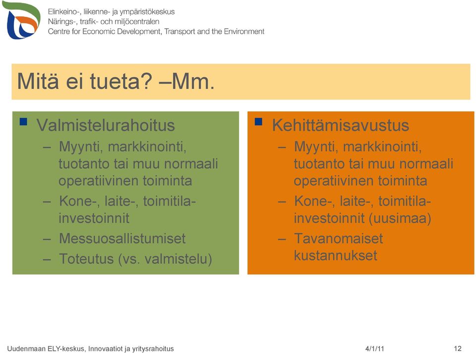 toiminta Kone-, laite-, toimitilainvestoinnit Messuosallistumiset Toteutus (vs.