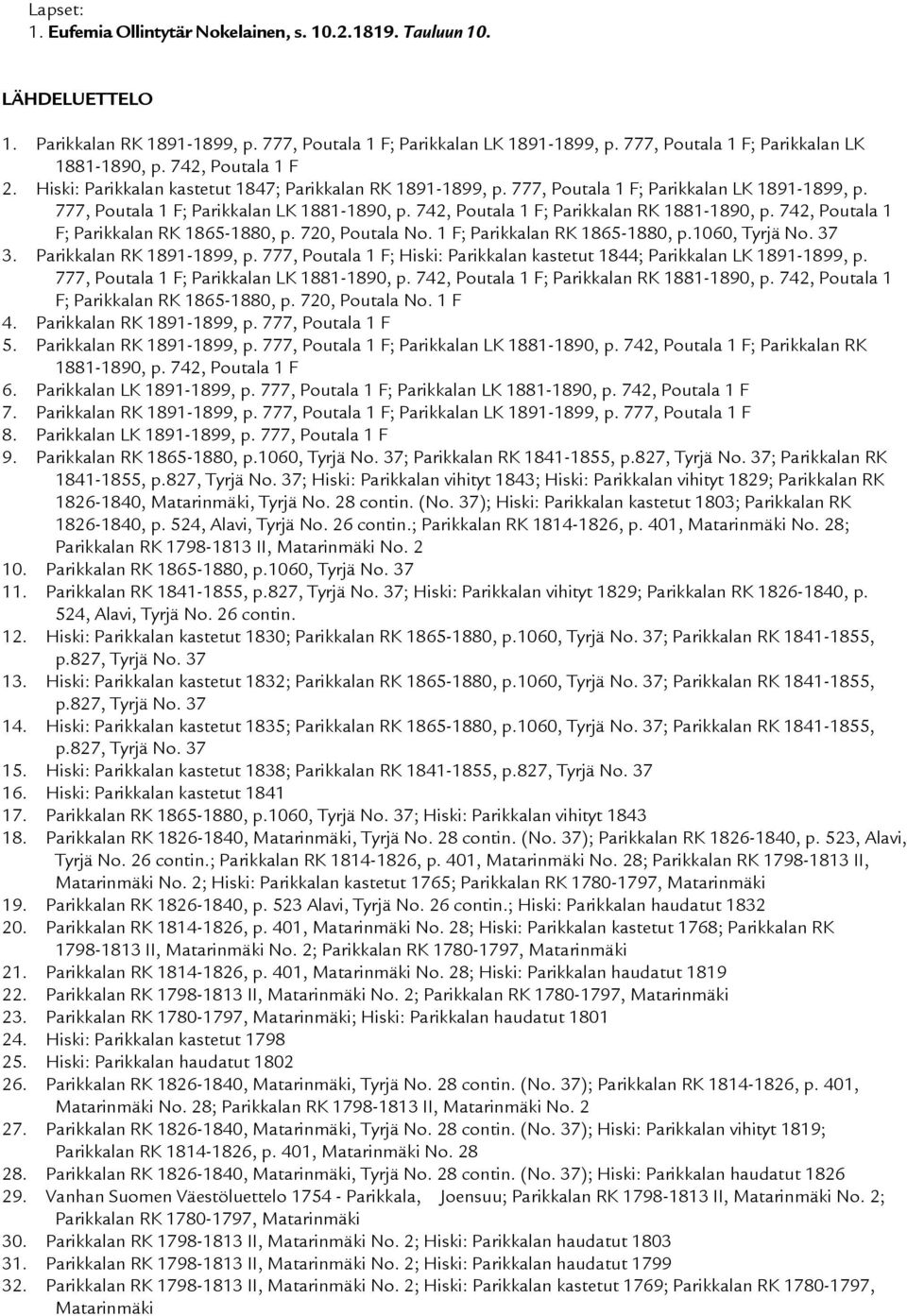 742, Poutala 1 F; Parikkalan RK 1881-1890, p. 742, Poutala 1 F; Parikkalan RK 1865-1880, p. 720, Poutala No. 1 F; Parikkalan RK 1865-1880, p.1060, Tyrjä No. 37 3. Parikkalan RK 1891-1899, p.