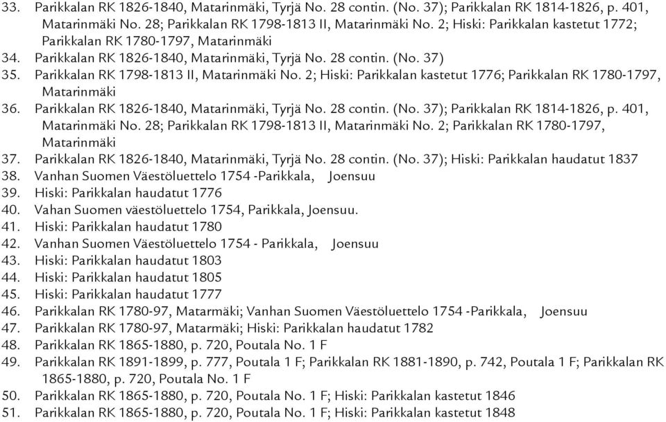 2; Hiski: Parikkalan kastetut 1776; Parikkalan RK 1780-1797, Matarinmäki 36. Parikkalan RK 1826-1840, Matarinmäki, Tyrjä No. 28 contin. (No. 37); Parikkalan RK 1814-1826, p. 401, Matarinmäki No.