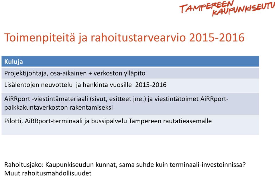 ) ja viestintätoimet AiRRportpaikkakuntaverkoston rakentamiseksi Pilotti, AiRRport-terminaali ja bussipalvelu