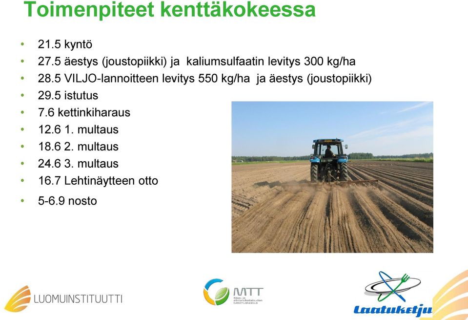 5 VILJO-lannoitteen levitys 550 kg/ha ja äestys (joustopiikki) 29.5 istutus 7.