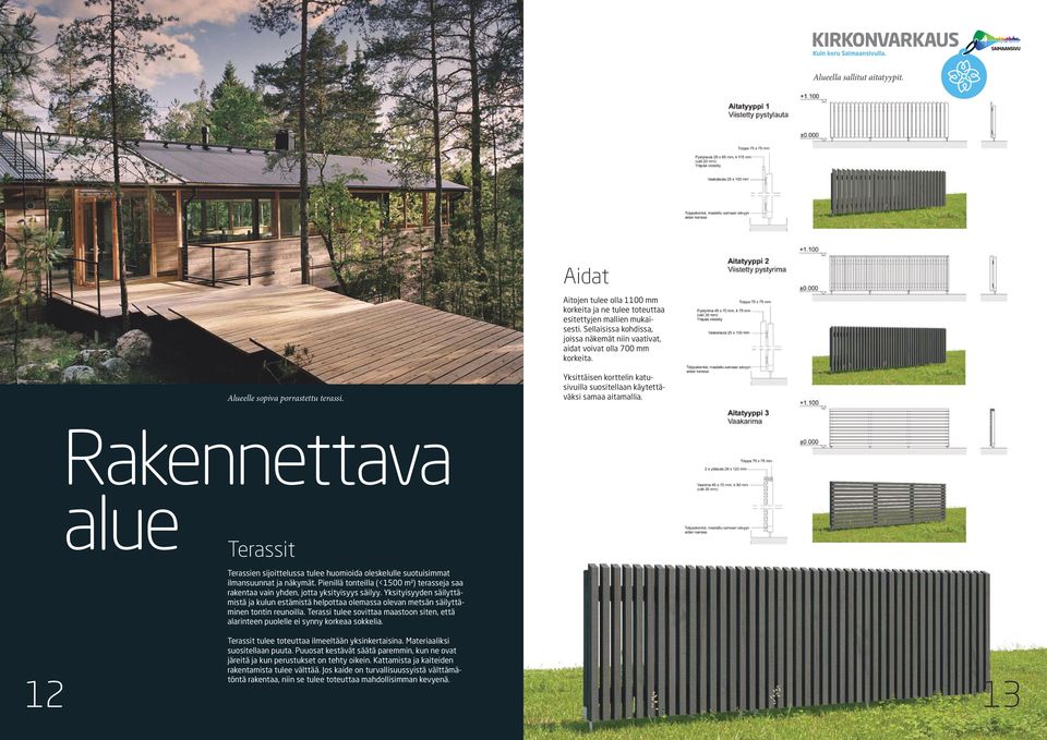 Yksittäisen korttelin katusivuilla suositellaan käytettäväksi samaa aitamallia. Rakennettava 12 alue Terassit Terassien sijoittelussa tulee huomioida oleskelulle suotuisimmat ilmansuunnat ja näkymät.