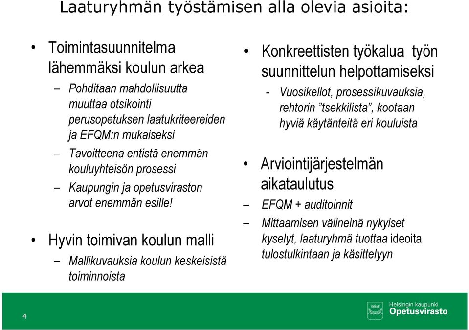 Hyvin toimivan koulun malli Mallikuvauksia koulun keskeisistä toiminnoista Konkreettisten työkalua työn suunnittelun helpottamiseksi - Vuosikellot, prosessikuvauksia,