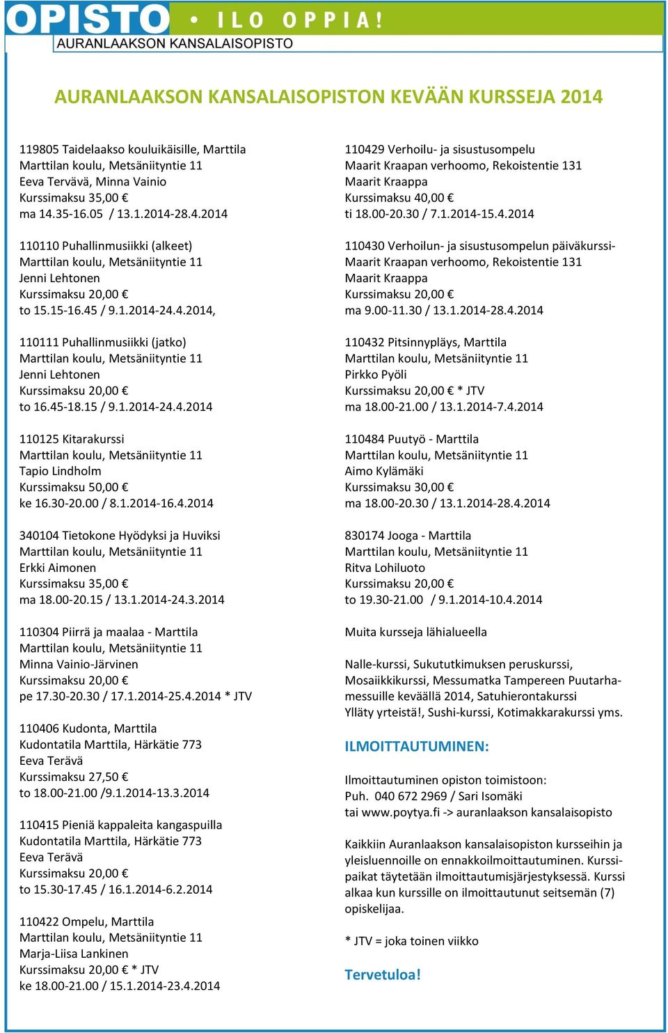 00 / 8.1.2014-16.4.2014 340104 Tietokone Hyödyksi ja Huviksi Erkki Aimonen Kurssimaksu 35,00 ma 18.00-20.15 / 13.1.2014-24.3.2014 110304 Piirrä ja maalaa - Marttila Minna Vainio-Järvinen Kurssimaksu 20,00 pe 17.