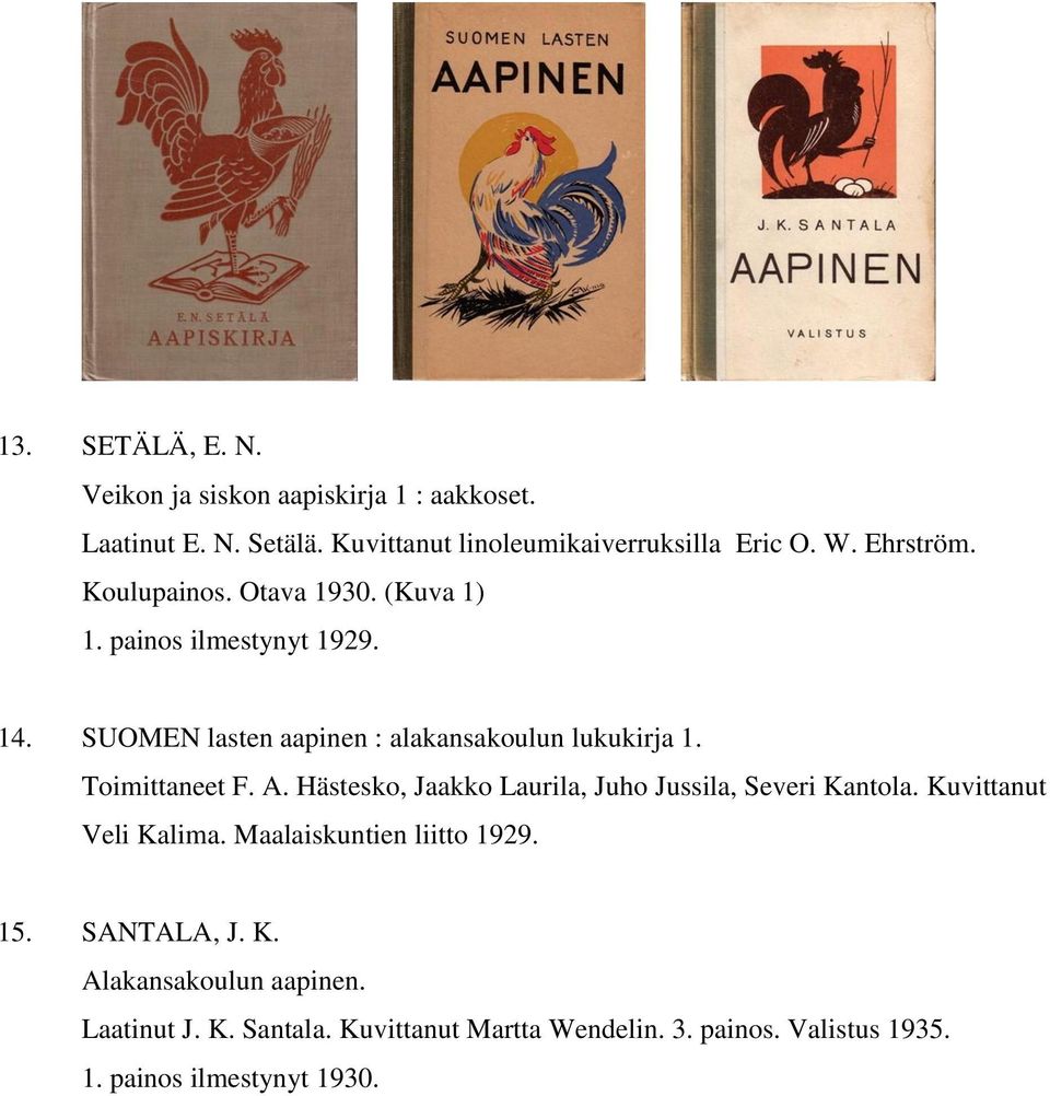 Toimittaneet F. A. Hästesko, Jaakko Laurila, Juho Jussila, Severi Kantola. Kuvittanut Veli Kalima. Maalaiskuntien liitto 1929. 15.