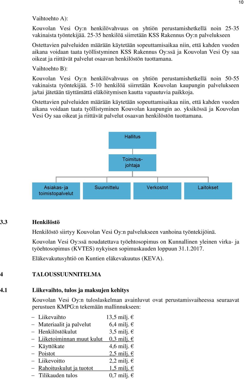 Kouvolan Vesi Oy saa oikeat ja riittävät palvelut osaavan henkilöstön tuottamana. Vaihtoehto B): Kouvolan Vesi Oy:n henkilövahvuus on yhtiön perustamishetkellä noin 50-55 vakinaista työntekijää.