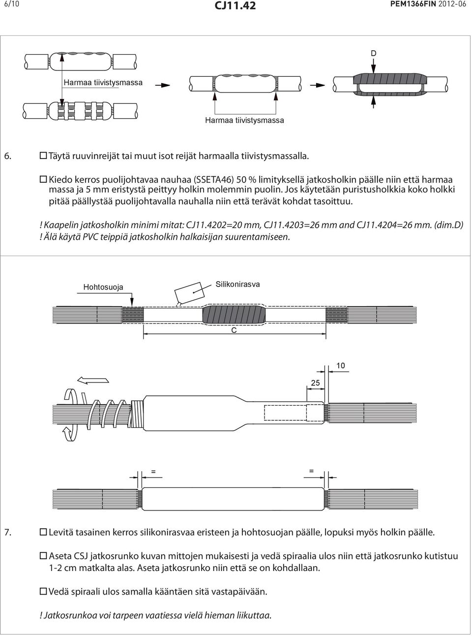 Jos käytetään puristusholkkia koko holkki pitää päällystää puolijohtavalla nauhalla niin että terävät kohdat tasoittuu.! Kaapelin jatkosholkin minimi mitat: CJ11.4202=20 mm, CJ11.4203=26 mm and CJ11.