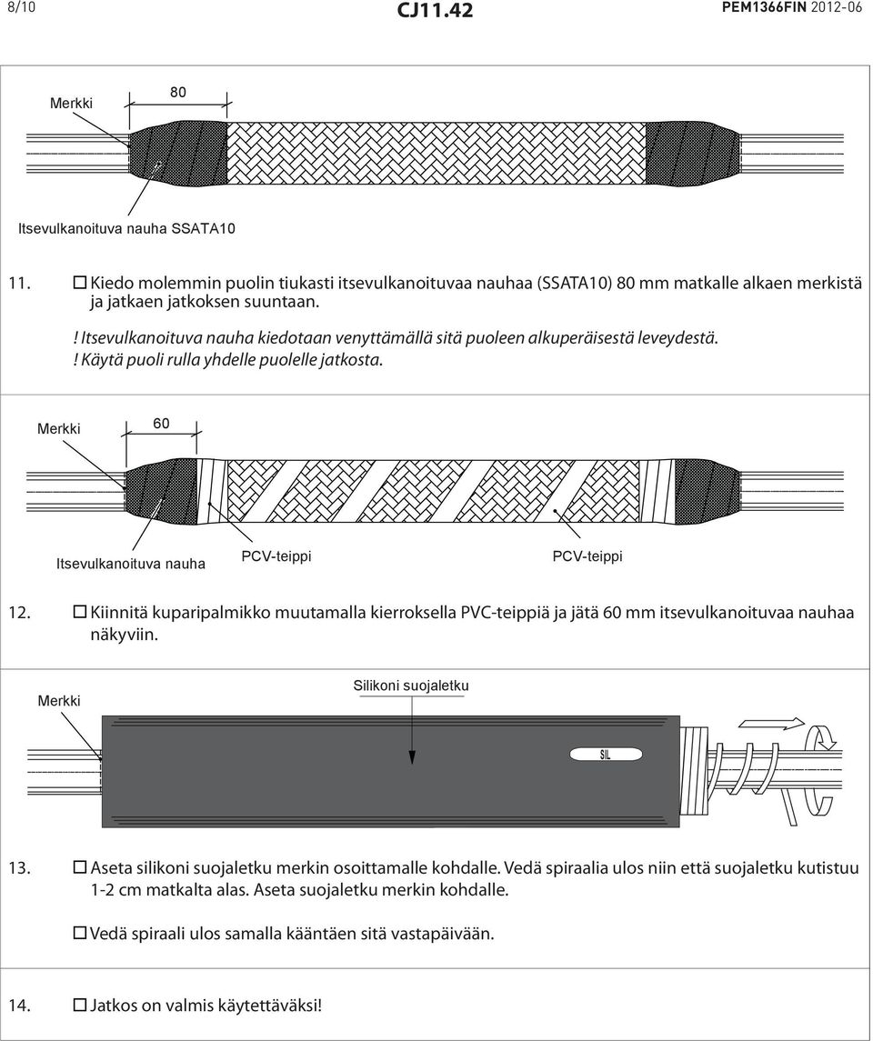 ! Itsevulkanoituva nauha kiedotaan venyttämällä sitä puoleen alkuperäisestä leveydestä.! Käytä puoli rulla yhdelle puolelle jatkosta. Merkki 60 Itsevulkanoituva nauha PCV-teippi PCV-teippi 12.