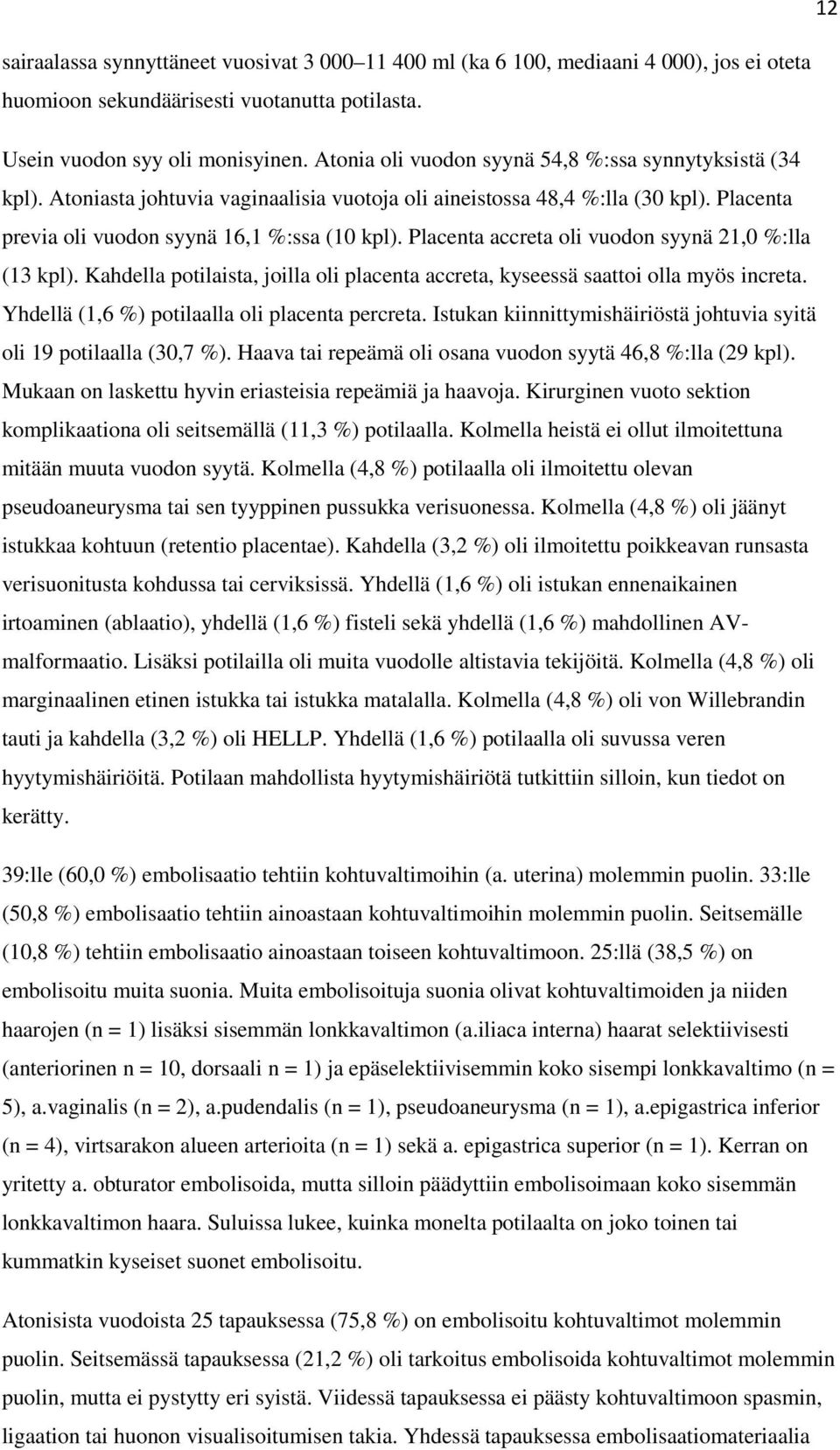 Placenta accreta oli vuodon syynä 21,0 %:lla (13 kpl). Kahdella potilaista, joilla oli placenta accreta, kyseessä saattoi olla myös increta. Yhdellä (1,6 %) potilaalla oli placenta percreta.