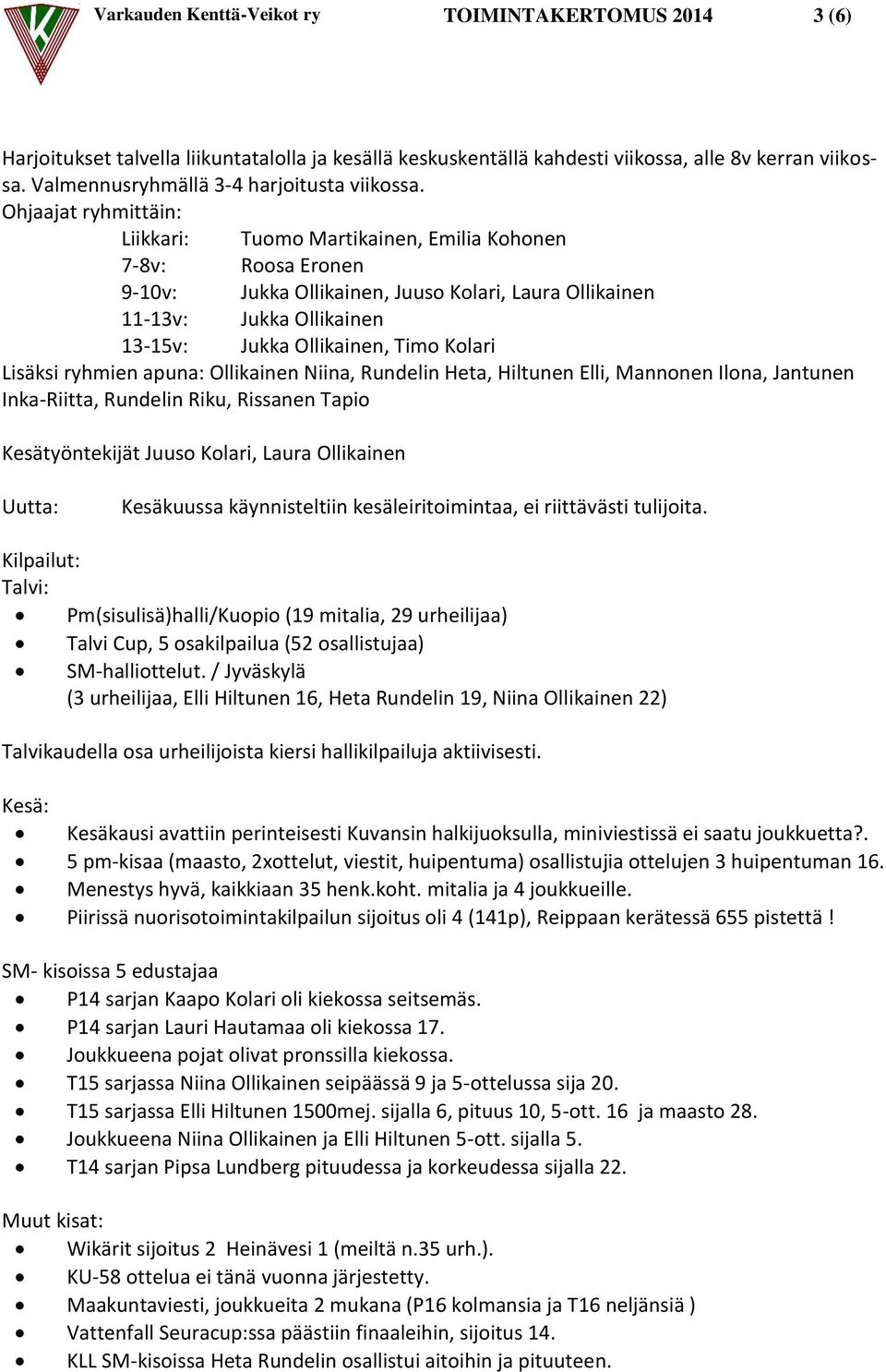 Ohjaajat ryhmittäin: Liikkari: Tuomo Martikainen, Emilia Kohonen 7-8v: Roosa Eronen 9-10v: Jukka Ollikainen, Juuso Kolari, Laura Ollikainen 11-13v: Jukka Ollikainen 13-15v: Jukka Ollikainen, Timo