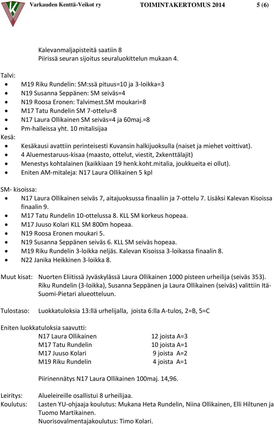 SM moukari=8 M17 Tatu Rundelin SM 7-ottelu=8 N17 Laura Ollikainen SM seiväs=4 ja 60maj.=8 Pm-halleissa yht.