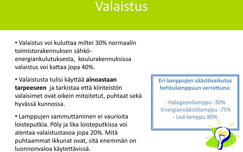 Lamppujen sammuttaminen ei vaurioita loisteputkia. Pöly ja lika loisteputkissa voi alentaa valaistustasoa jopa 20%.