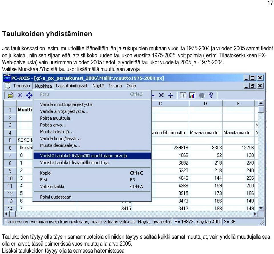 1975-2005, voit poimia ( esim. Tilastokeskuksen PX- Web-palvelusta) vain uusimman vuoden 2005 tiedot ja yhdistää taulukot vuodelta 2005 ja -1975-2004.